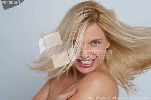 Image of Sensual nude female model over gray background
