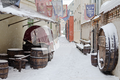 Image of Street of Old Riga in snow day before Christmas