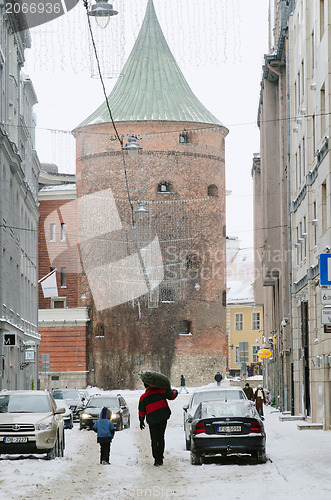 Image of Street of Old Riga in snow day before Christmas