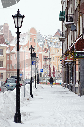 Image of Street of Old Riga in snow day before Christmas