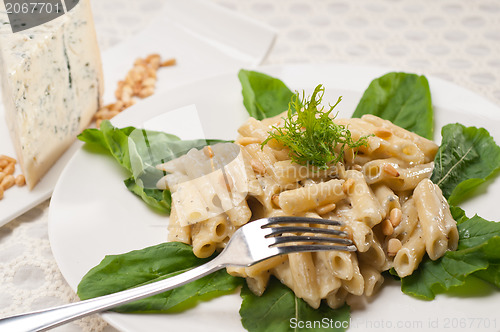 Image of Italian pasta penne gorgonzola and pine nuts