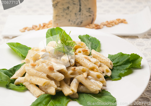 Image of Italian pasta penne gorgonzola and pine nuts