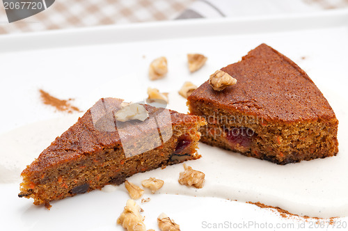 Image of fresh healthy carrots and walnuts cake dessert