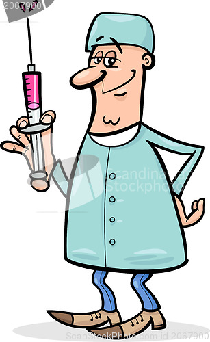 Image of doctor with syringe cartoon illustration