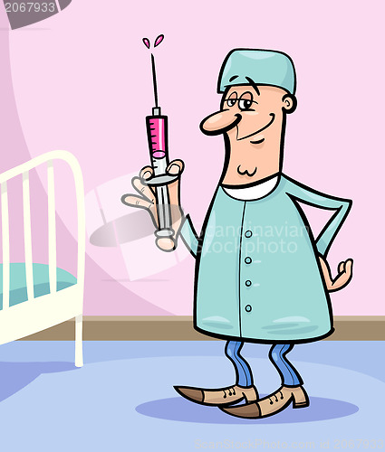 Image of doctor with syringe cartoon illustration