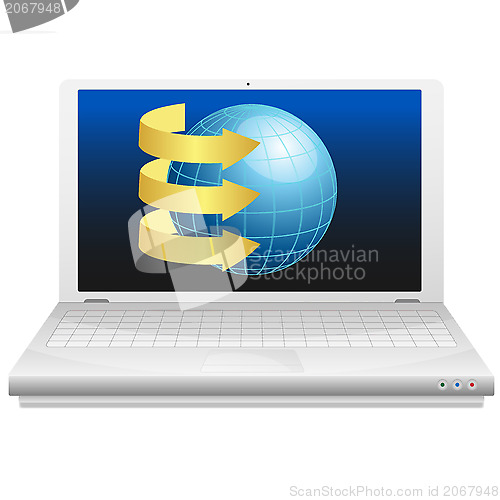 Image of Laptop with blue globe and gold arrows