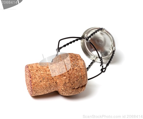 Image of Champagne wine cork and muselet on white background