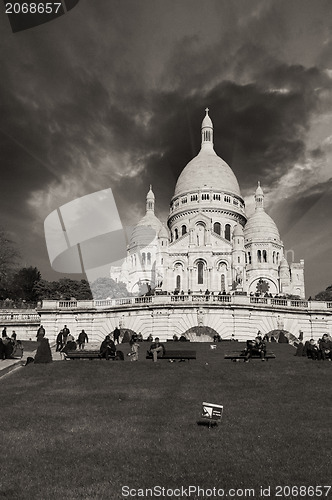 Image of Paris. Sacred Heart Cathedral with beautiful sky colors