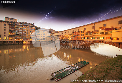 Image of Wonderful sunset colors in Florence with Arno River and Ponte Ve