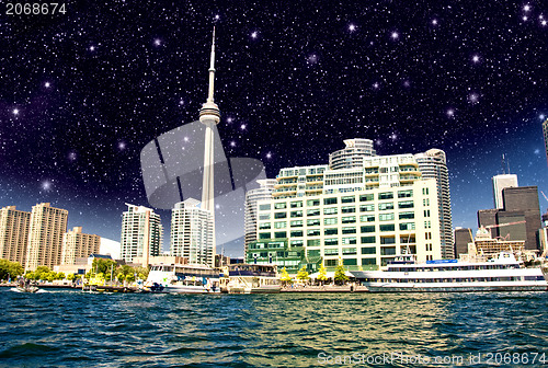 Image of Beautiful night skyline of Toronto from Lake Ontario - Canada