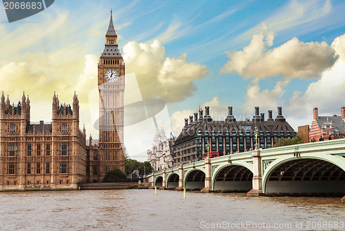 Image of The Big Ben, the Houses of Parliament and Westminster Bridge in 