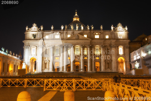 Image of Vatican City Basilica in St Peter Square at Night