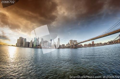 Image of Spectacular view of Brooklyn Bridge from Brooklyn shore at winte