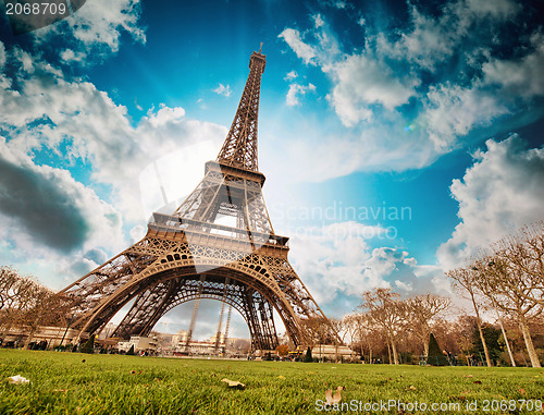 Image of Paris. Wonderful wide angle view of Eiffel Tower from street lev