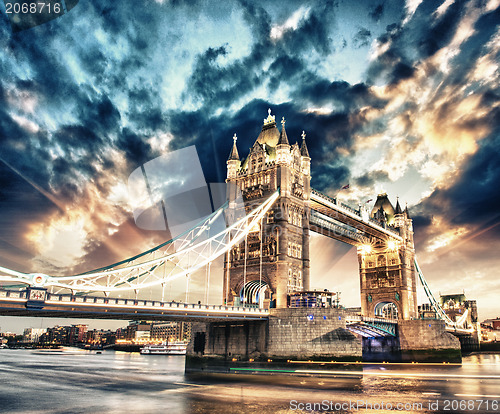 Image of Beautiful sunset colors over famous Tower Bridge in London