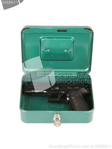 Image of 9mm pistol in a metal case