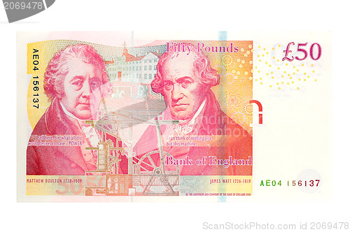 Image of 50 pound sterling bank notes closeup view business background