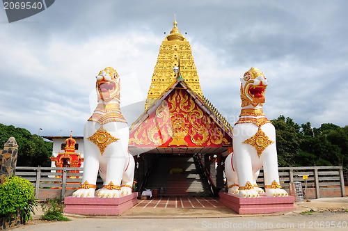 Image of Wangwiwegaram Temple,Golden Pagoda Indian style in West of Thailand . 