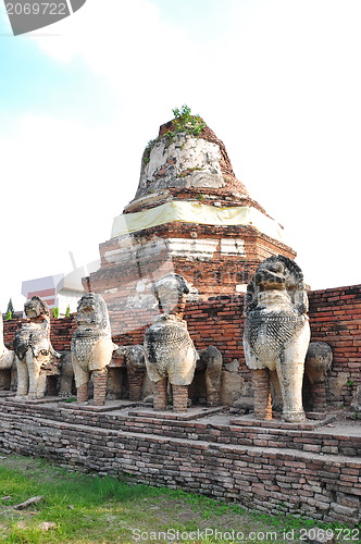 Image of Ruins lion statue in Ayutthaya Historical Park, Thailand 