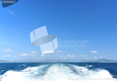 Image of cruise ship wake or trail in the ocean 