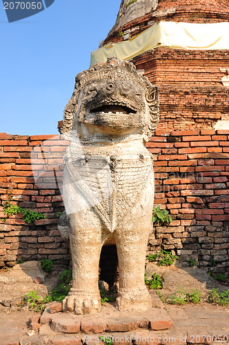 Image of Ruins lion statue in Ayutthaya Historical Park, Thailand 