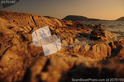 Image of Great sunset on tropical beach. Andaman sea. Phuket island. Kingdom Thailand 