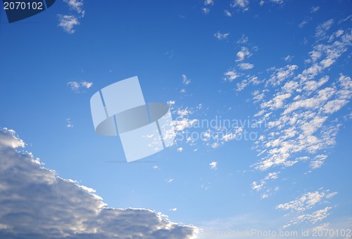 Image of Blue sky with clouds and sun. 
