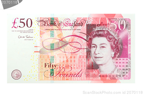 Image of 50 pound sterling bank notes closeup view business background