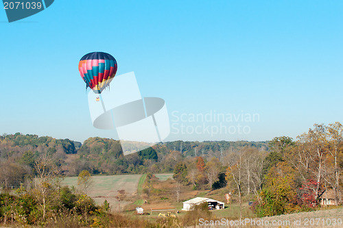 Image of hot air balloon over farm land