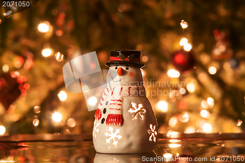 Image of Festive snowman with Christmas light background