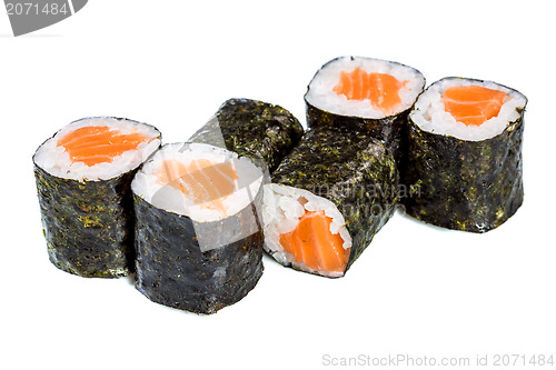 Image of Sushi (Roll syake maki) on a white background