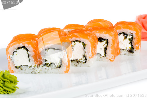 Image of Sushi (Roll unagi maki syake) on a white background