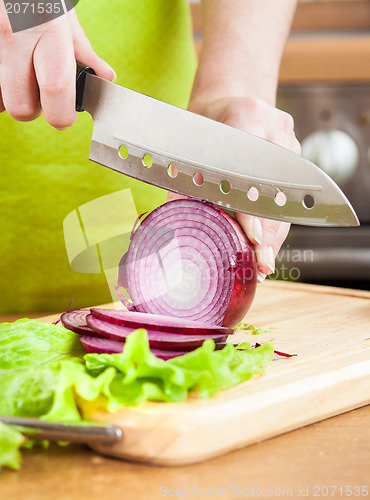 Image of Woman's hands cutting bulb onion