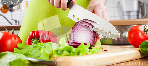 Image of Woman's hands cutting bulb onion