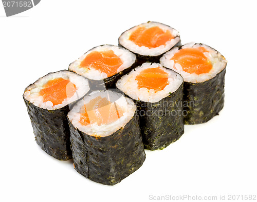 Image of Sushi (Roll syake maki) on a white background