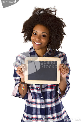 Image of Female afro american with blank chalkboard
