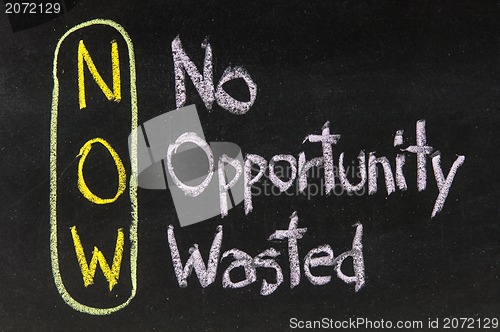 Image of Acronym of NOW for No Opportunity Wasted