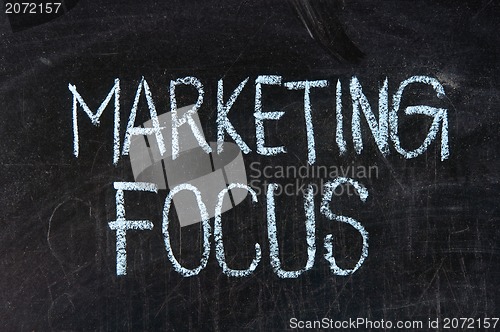 Image of  The word MARKETING FOCUS handwritten with chalk  on a blackboard