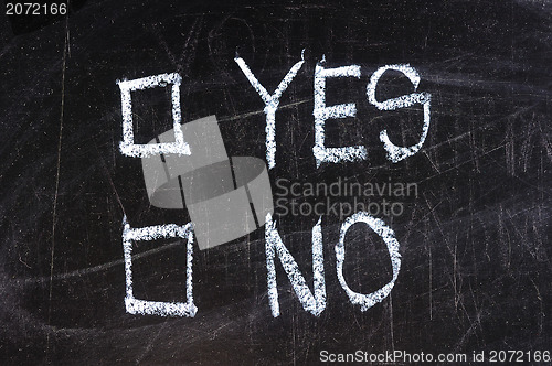 Image of yes and no check boxes sketched with white chalk on blackboard with eraser smudges 