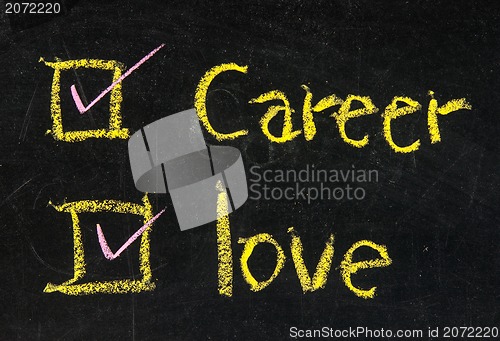 Image of Love and career choices with check boxes on a blackboard