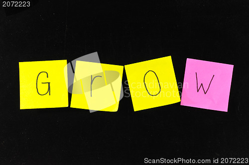 Image of GROW (goals, reality, options, will) - life coaching motivation acronym, chalk handwriting and sticky notes on blackboard 