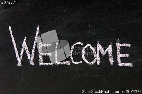 Image of welcome handwritten in script in chalk on a blackboard 