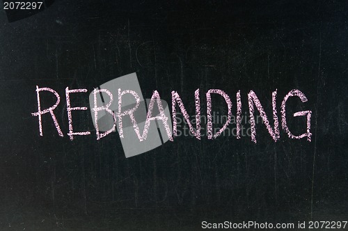 Image of  The word REBRANDING handwritten with chalk  on a blackboard
