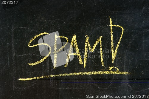 Image of the word spam (unsolicited and unwanted commercial email messages) - white chalk handwriting on blackboard 