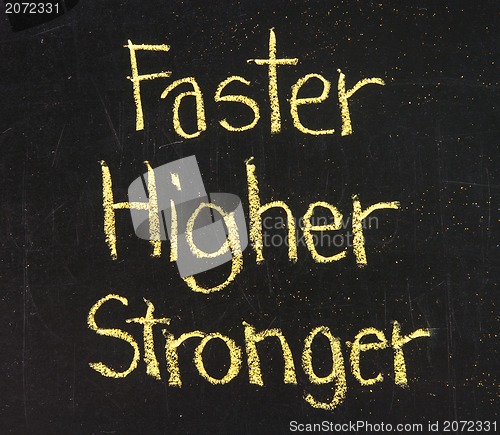 Image of faster, higher, stronger on a blackboard