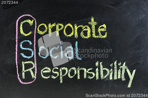 Image of hand writing corporate social responsibility ( CSR ) concept on chalkboard 