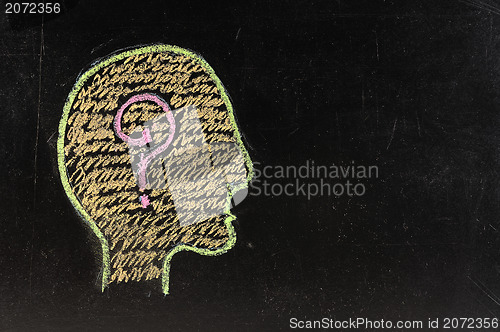 Image of Human brain and colorful question mark draw on blackboard