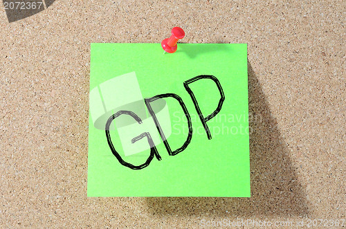 Image of The word GDP Note paper with push pins on noticeboard 