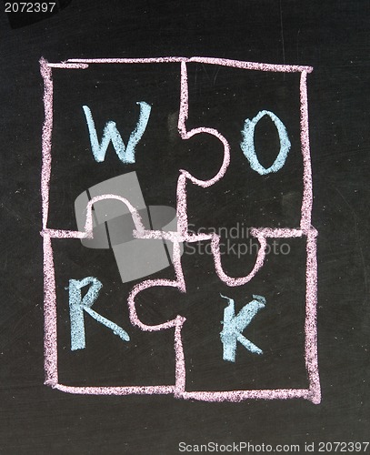 Image of work jigsaw business written on blackboard background high resolution 