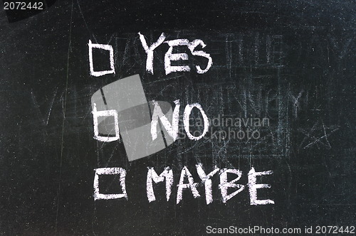 Image of yes and no check boxes sketched with white chalk on blackboard with eraser smudges 